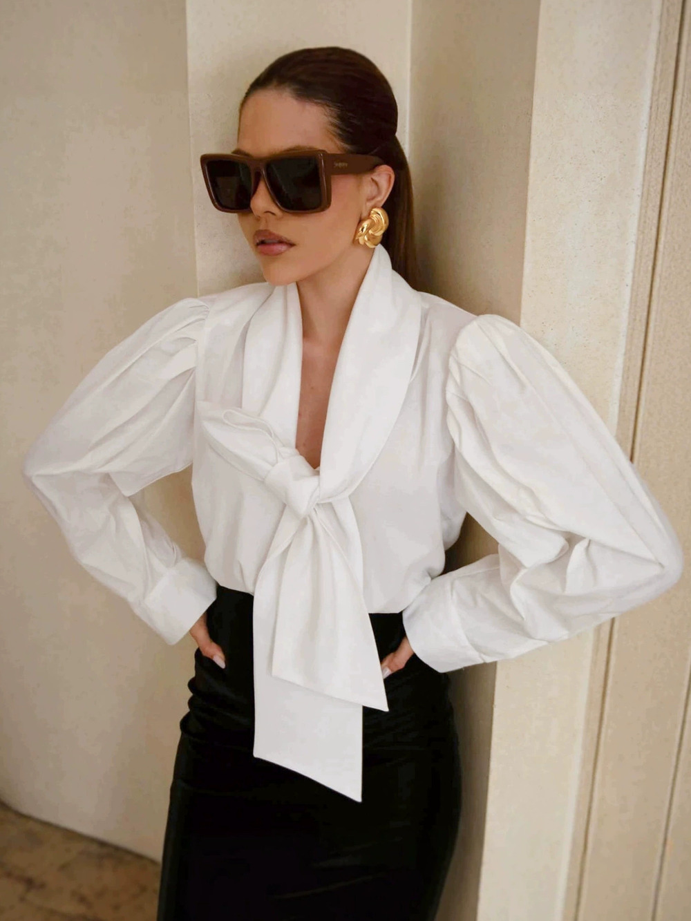 Forever 21 Cotton Bow Tie Blouse Loose Fit Fall White